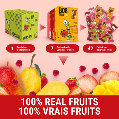Bob Snail Fruit Leather Sweet & Sour Family Pack - Nut free fruit Roll Ups with Dried Mango,Sour Cherry & Blackcurrant, Candy box Fruit Snacks, All Natural Healthy Snacks for kids, Sugar Free sour Candy, 42 pcs Pack / 588 gram candy bulk (Exotic Mix)