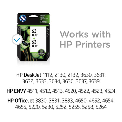 HP 63XL Black High-yield Ink Cartridge | Works with HP DeskJet 1112, 2130, 3630 Series; HP ENVY 4510, 4520 Series; HP OfficeJet 3830, 4650, 5200 Series | Eligible for Instant Ink | F6U64AN