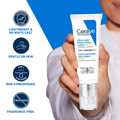 CeraVe Ultra-light Face Moisturizer with SPF 30. Hyaluronic Acid face sunscreen lotion for Men & Women, Normal to Oily & sensitive skin. Fragrance-Free, Oil-Free, Non-Comedogenic, Travel Size 50ML