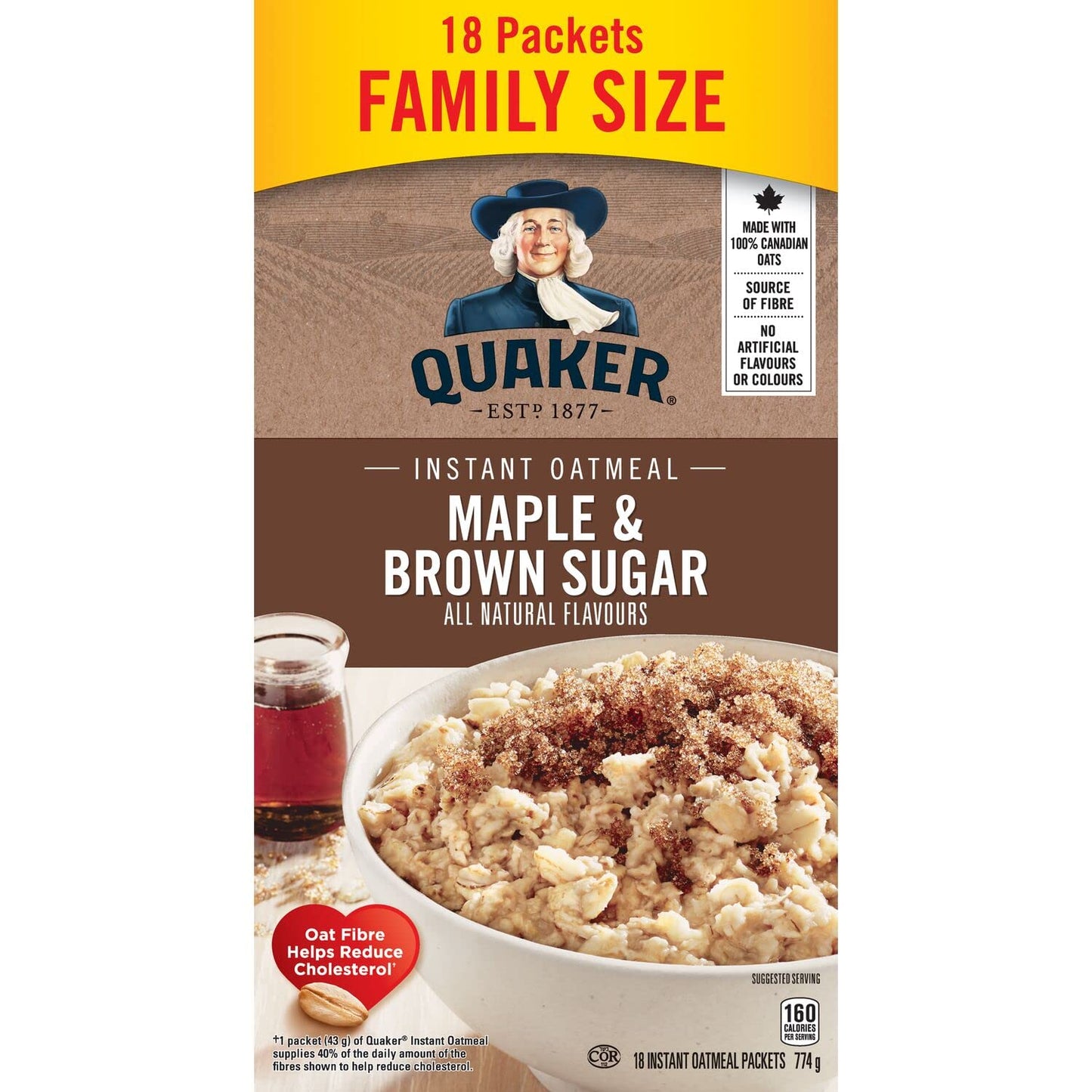 Quaker Maple & Brown Sugar Flavour Instant Oatmeal, 18 Packets, 774g