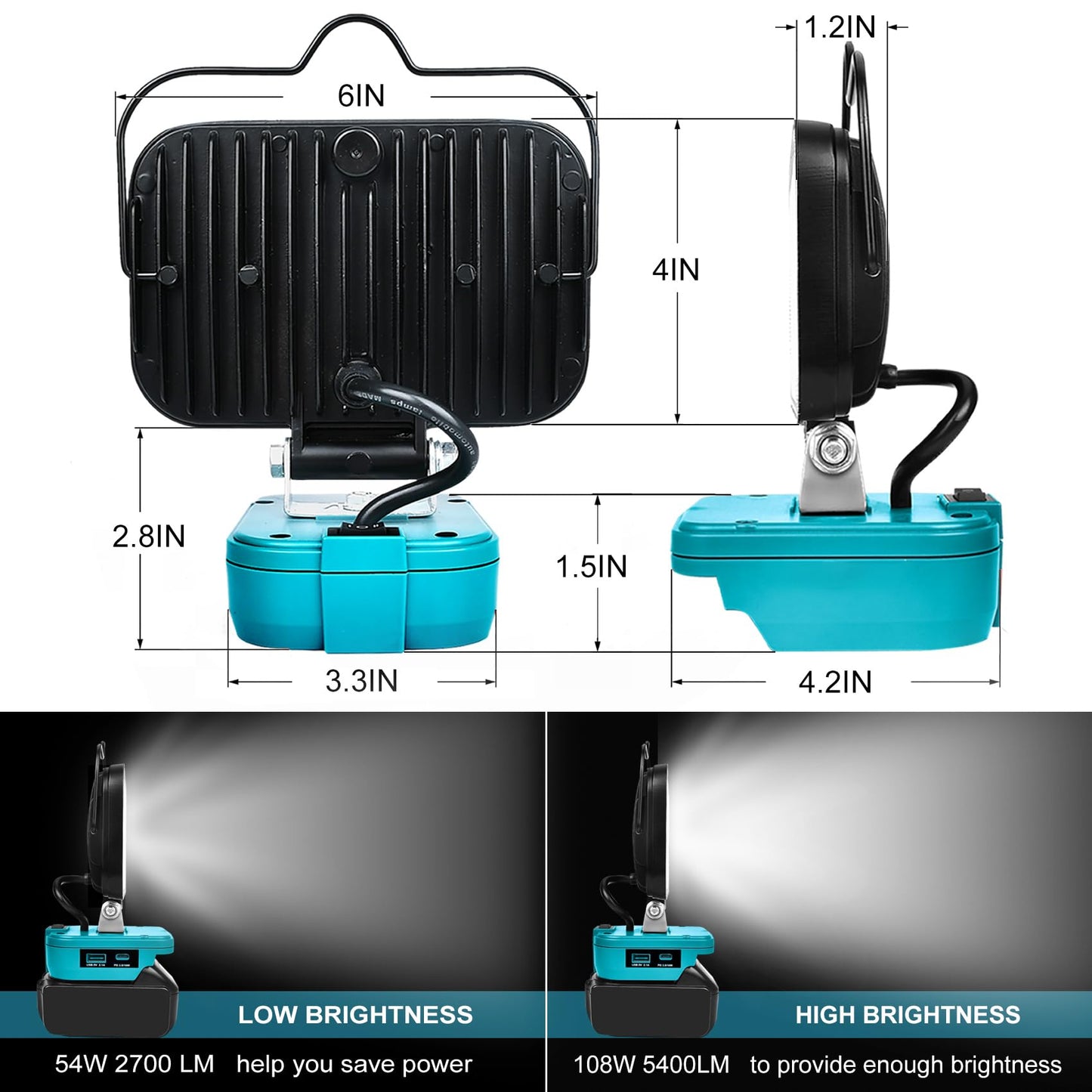Cordless LED Work Light for Milwaukee 18V Lithium Batteries, 108W 5400LM Adjustable Portable Flood Lights for Job Site Lighting Outdoor Camping Garage Vehicle Lighting【Battery not Included】