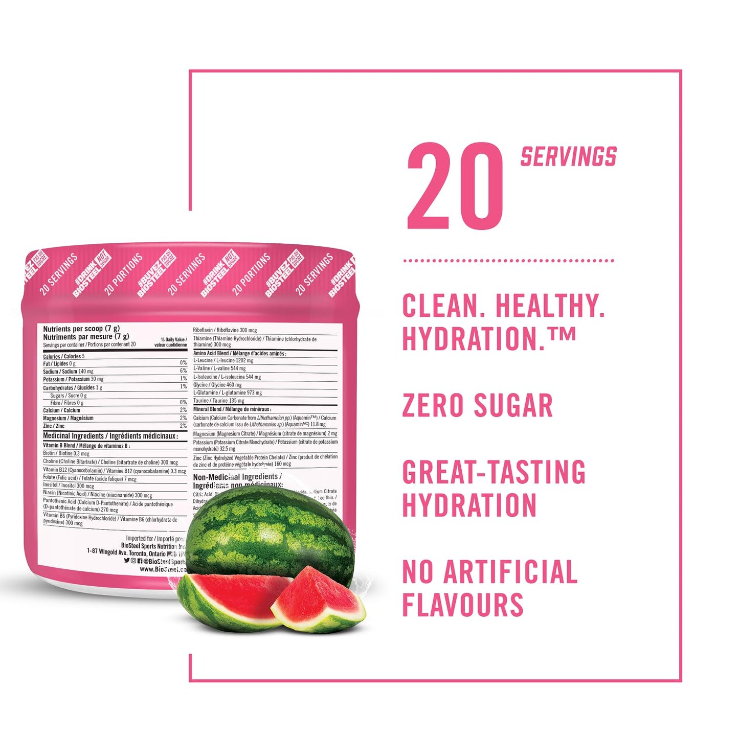 BioSteel Sports Hydration Mix, Great Tasting Hydration with Zero Sugar, and No Artificial Flavours or Preservatives, Watermelon Flavour, 100 Servings per Tub