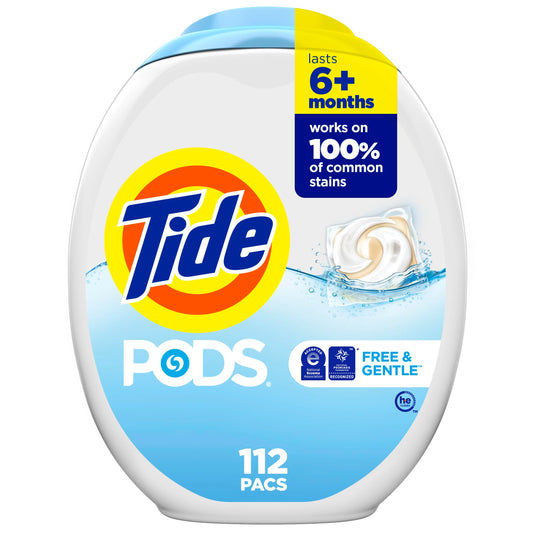 Tide PODS Free and Gentle Laundry Detergent Soap Pacs, HE Compatible and Coldwater Clean, 112 Count