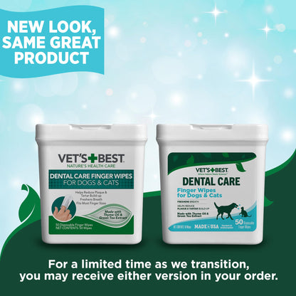 Vet's Best Dental Care Finger Wipes | Reduces Plaque & Freshens Breath | Teeth Cleaning Finger Wipes for Dogs & Cats | 50 Disposable Wipes