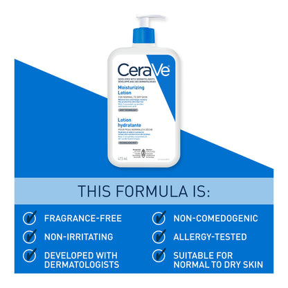 CeraVe Moisturizing Lotion, Daily Lightweight Lotion with Hyaluronic Acid & Ceramides for Women and Men. Suitable for Dry & Sensitive Skin, Fragrance-Free, Non-Comedogenic & Allergy Tested, 473 mL