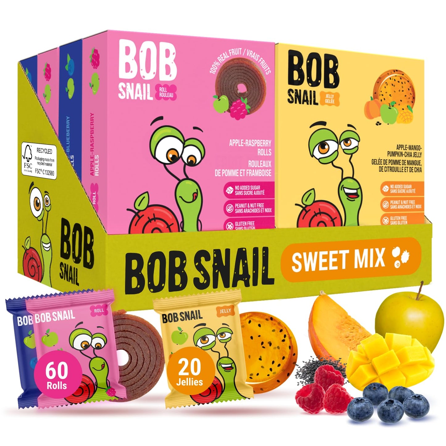 Bob Snail Healthy Snacks Mix Family Pack - Fruit Rolls with Mango & Strawberry, Jelly with Cherry, Candy box Fruit Snacks, All Natural Healthy Snacks for kids, No Added Sugar sour Candy, 80 pcs Pack / 800 gram candy bulk