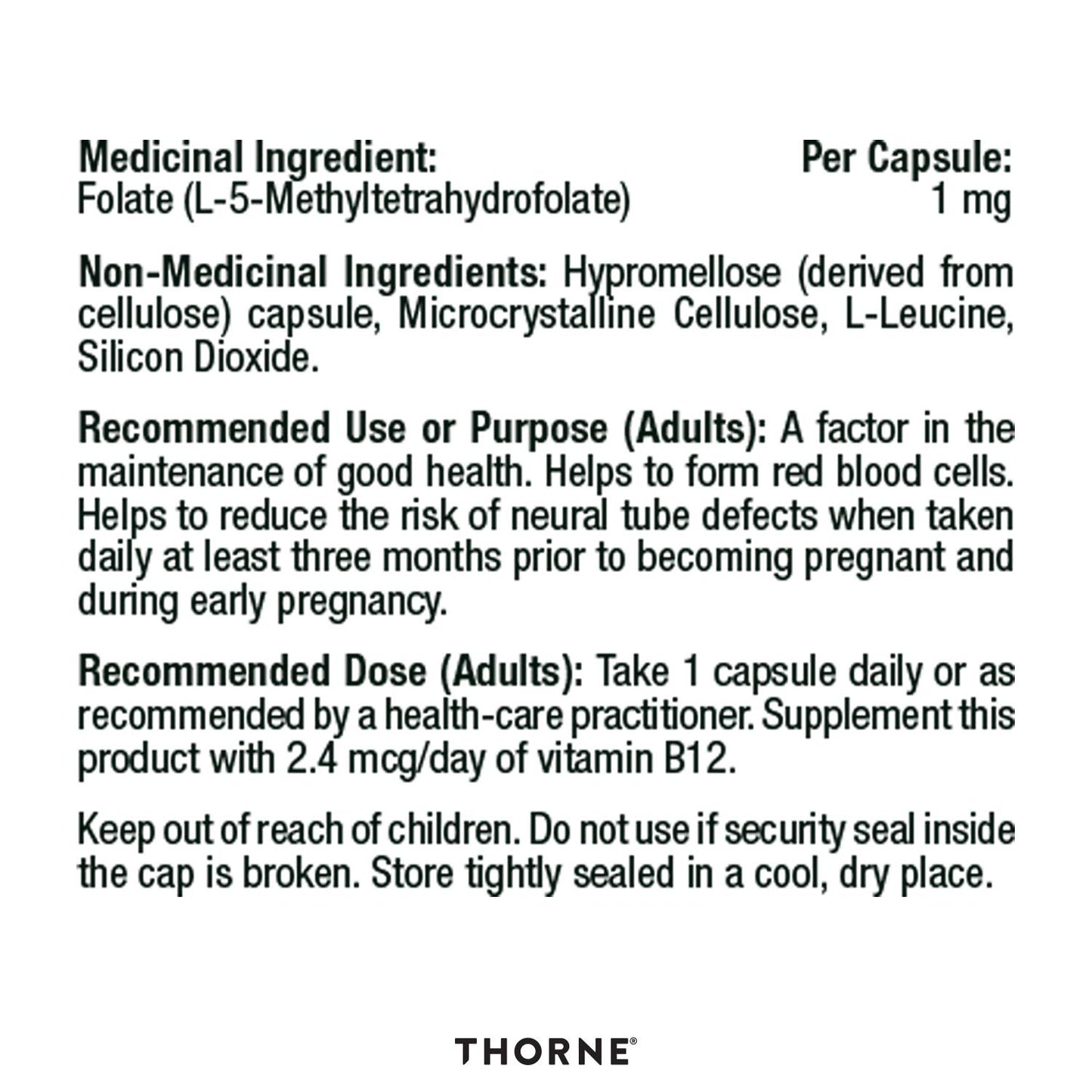 Thorne 5-MTHF 1 mg Folate - Active Vitamin B9 Folate Supplement - 60 Capsules