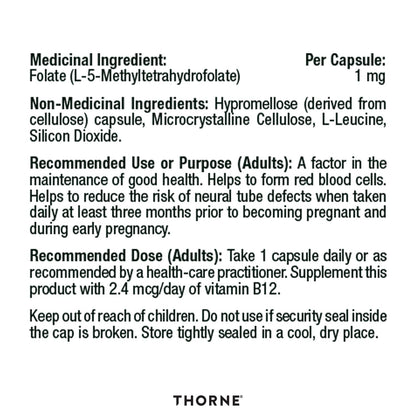 Thorne 5-MTHF 1 mg Folate - Active Vitamin B9 Folate Supplement - 60 Capsules