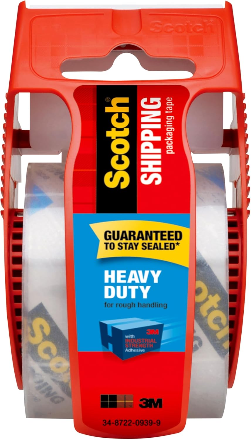 Scotch Heavy Duty Shipping Packaging Tape, 1 Roll with Dispenser, 1.88" x 22.2 Yards, 1.5" Core, Great for Packing, Shipping & Moving, Clear (142-ESF)