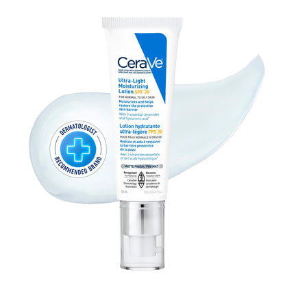 CeraVe Ultra-light Face Moisturizer with SPF 30. Hyaluronic Acid face sunscreen lotion for Men & Women, Normal to Oily & sensitive skin. Fragrance-Free, Oil-Free, Non-Comedogenic, Travel Size 50ML
