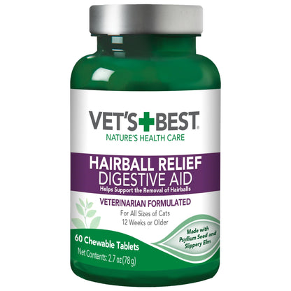 Vet’s Best Cat Hairball Relief Digestive Aid | Vet Formulated Hairball Support Remedy | Classic Chicken Flavor | 60 Chewable Tablets