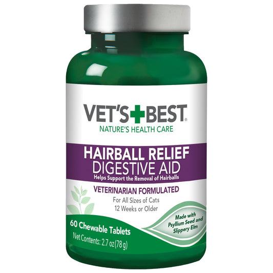 Vet’s Best Cat Hairball Relief Digestive Aid | Vet Formulated Hairball Support Remedy | Classic Chicken Flavor | 60 Chewable Tablets