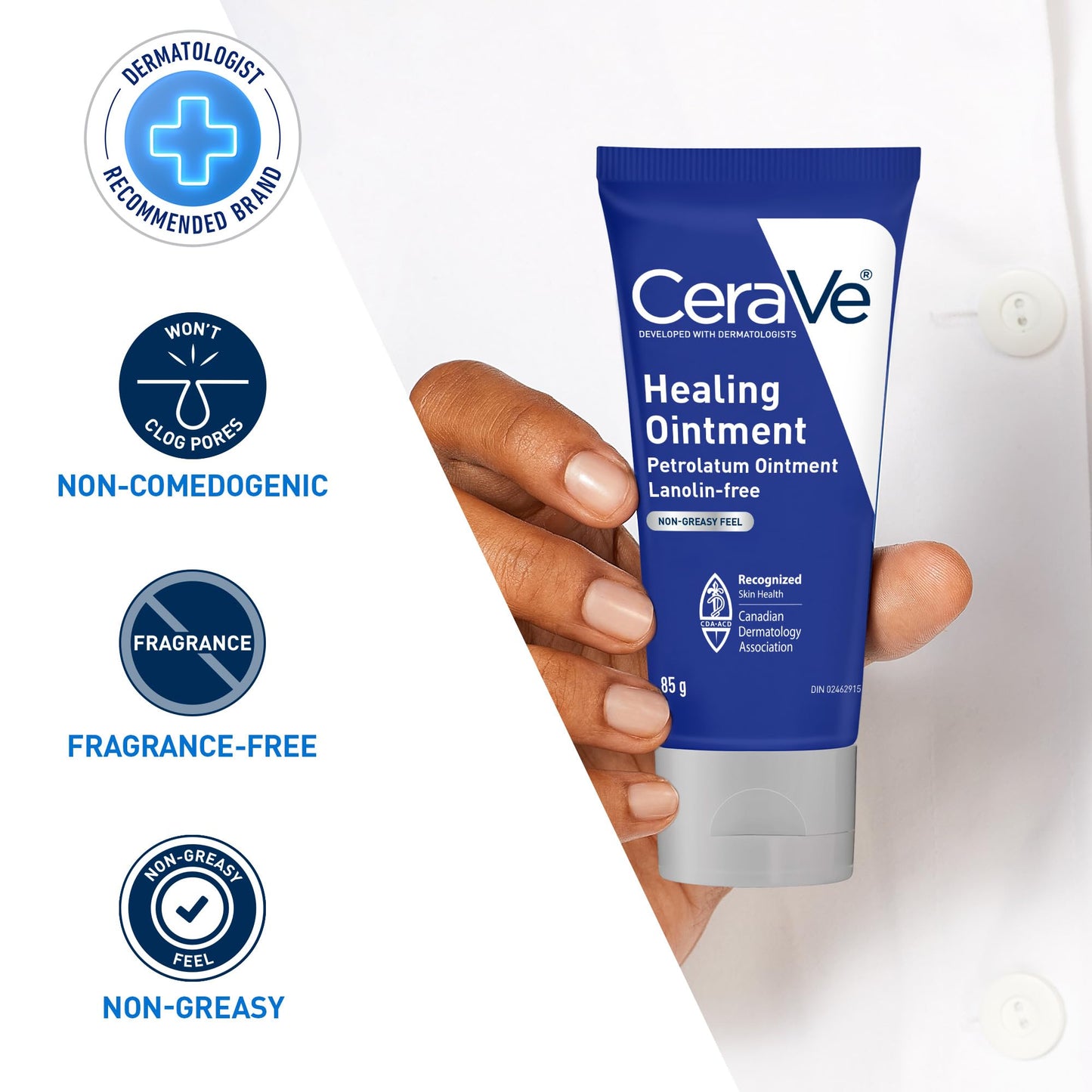 CeraVe Healing Ointment, Moisturizing Petrolatum Skin Protectant for Dry Skin with Hyaluronic Acid and Ceramides, Multi-Purpose Face, Body & Lip Balm, Lanolin-Free & Fragrance-Free, 85 g