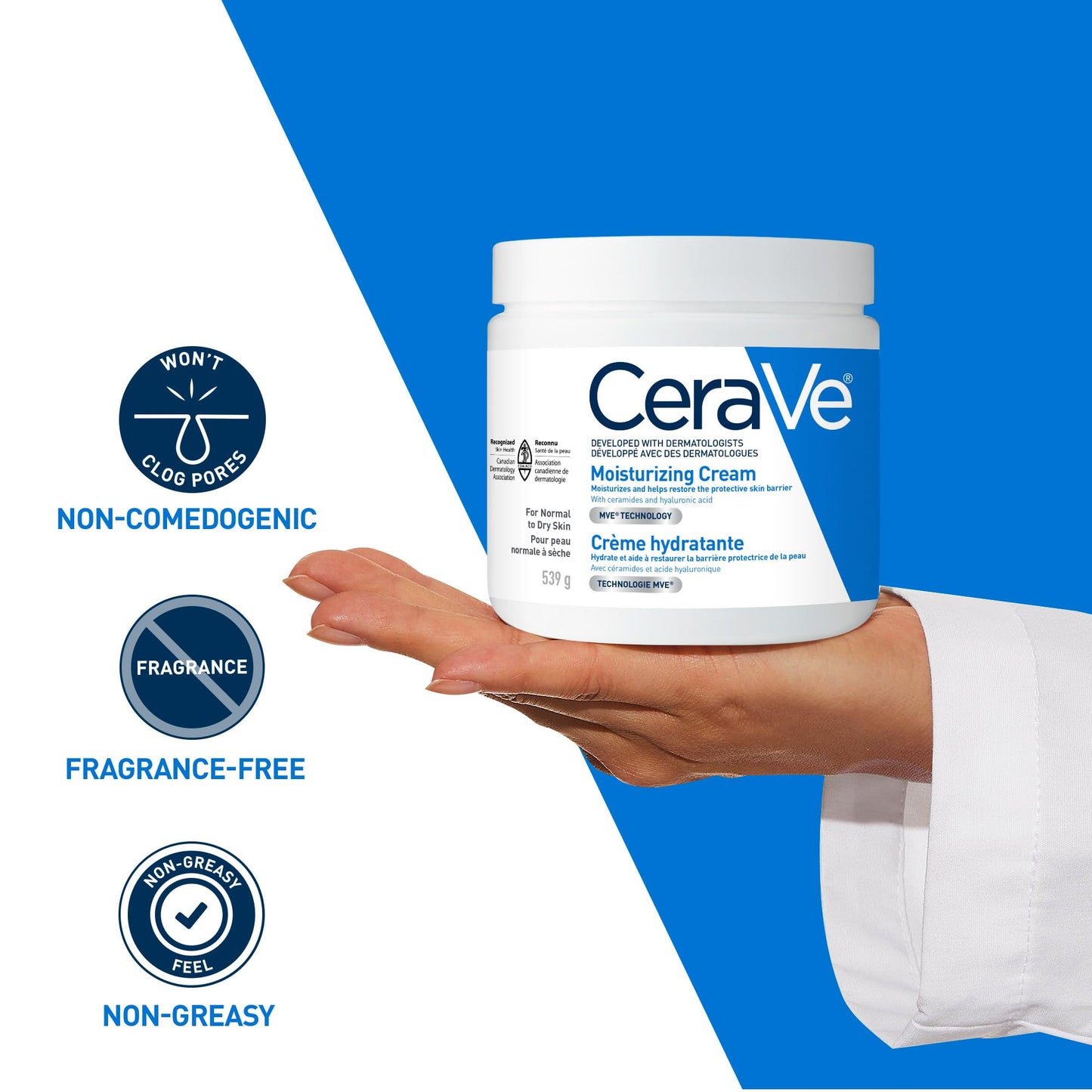 CeraVe Moisturizing Cream, Daily Face, Hands, & Body Cream Moisturizer for Dry Skin With Hyaluronic Acid and Ceramides for Women and Men. Sensitive skin, Oil-free, Non-comedogenic, Fragrance-Free, 539 Grams