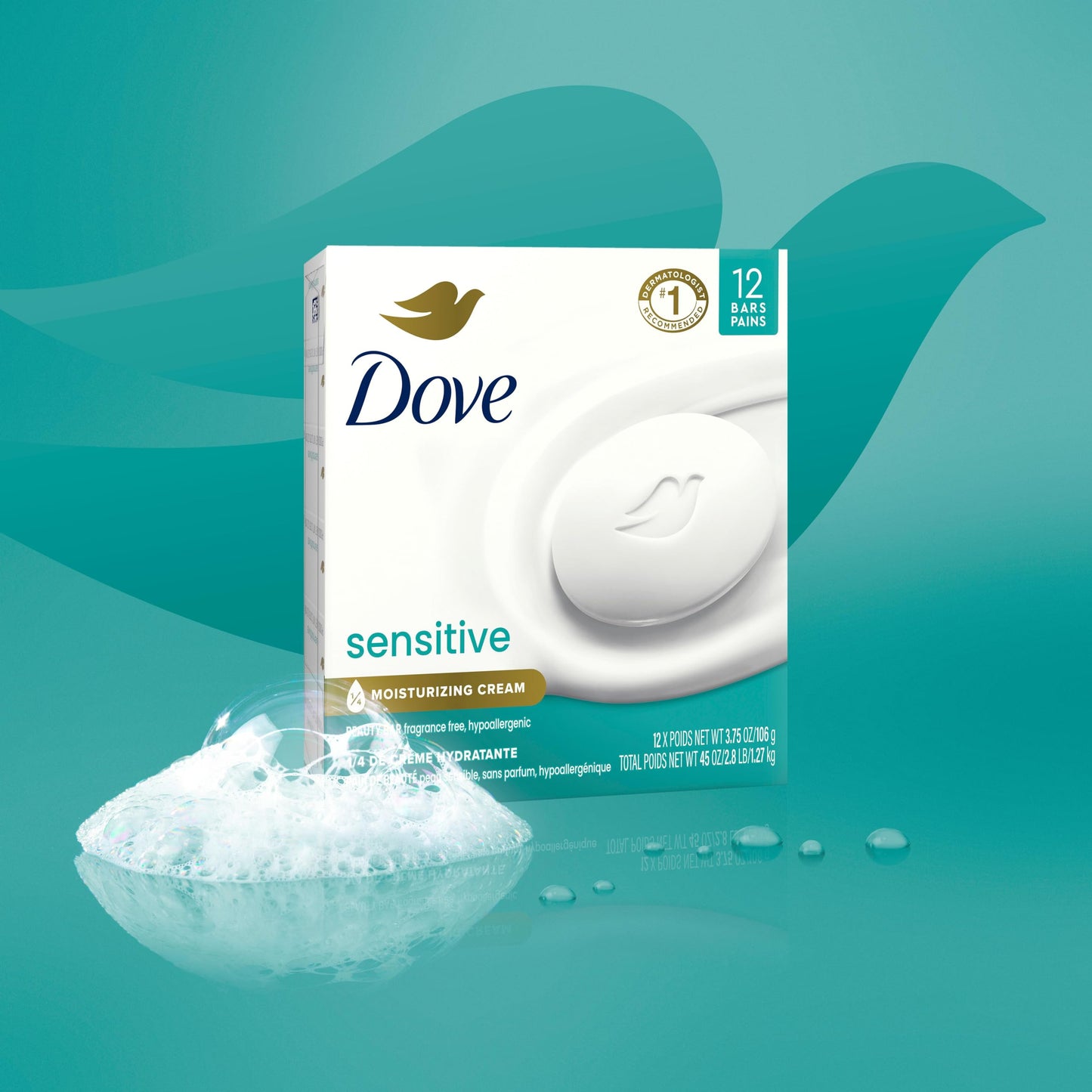 Dove Beauty Bar More Moisturizing Than Bar Soap for Softer Skin, Fragrance Free, Hypoallergenic Sensitive Skin With Gentle Cleanser 1272g (Pack of 12)