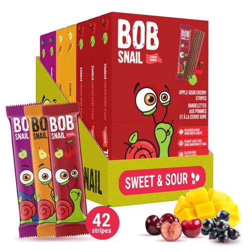 Bob Snail Fruit Leather Sweet & Sour Family Pack - Nut free fruit Roll Ups with Dried Mango,Sour Cherry & Blackcurrant, Candy box Fruit Snacks, All Natural Healthy Snacks for kids, Sugar Free sour Candy, 42 pcs Pack / 588 gram candy bulk (Exotic Mix)