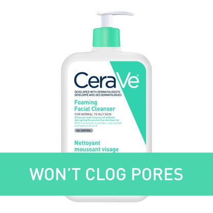 CeraVe FOAMING Face Cleanser, Gentle Face Wash with Hyaluronic Acid, Niacinamide, Ceramides. Makeup Remover for oily skin, won’t clog pores. Oil & sebum control. Non-Comedogenic, Sensitive Skin, Men & Women, 562ML