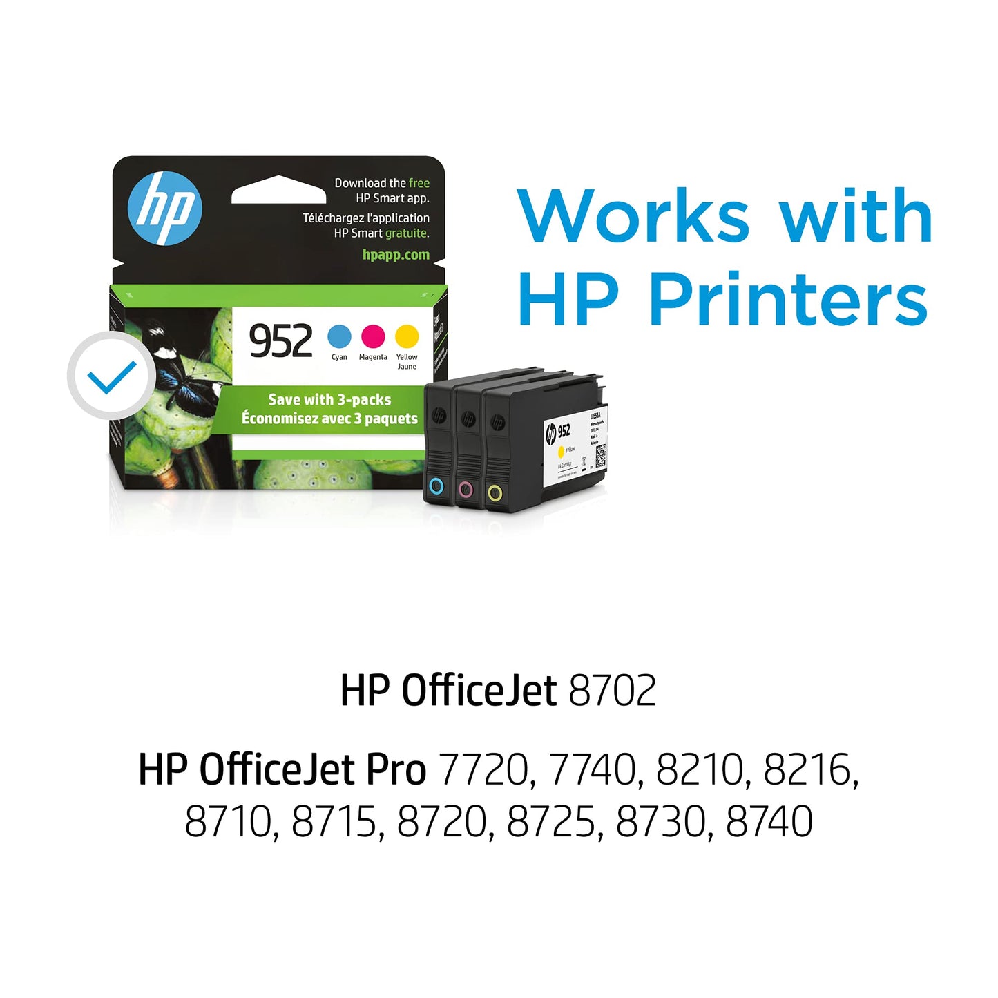 Original HP 952 Cyan, Magenta, Yellow Ink Cartridges (3-pack) | Works with HP OfficeJet 8702, HP OfficeJet Pro 7720, 7740, 8210, 8710, 8720, 8730, 8740 Series | Eligible for Instant Ink | N9K27AN
