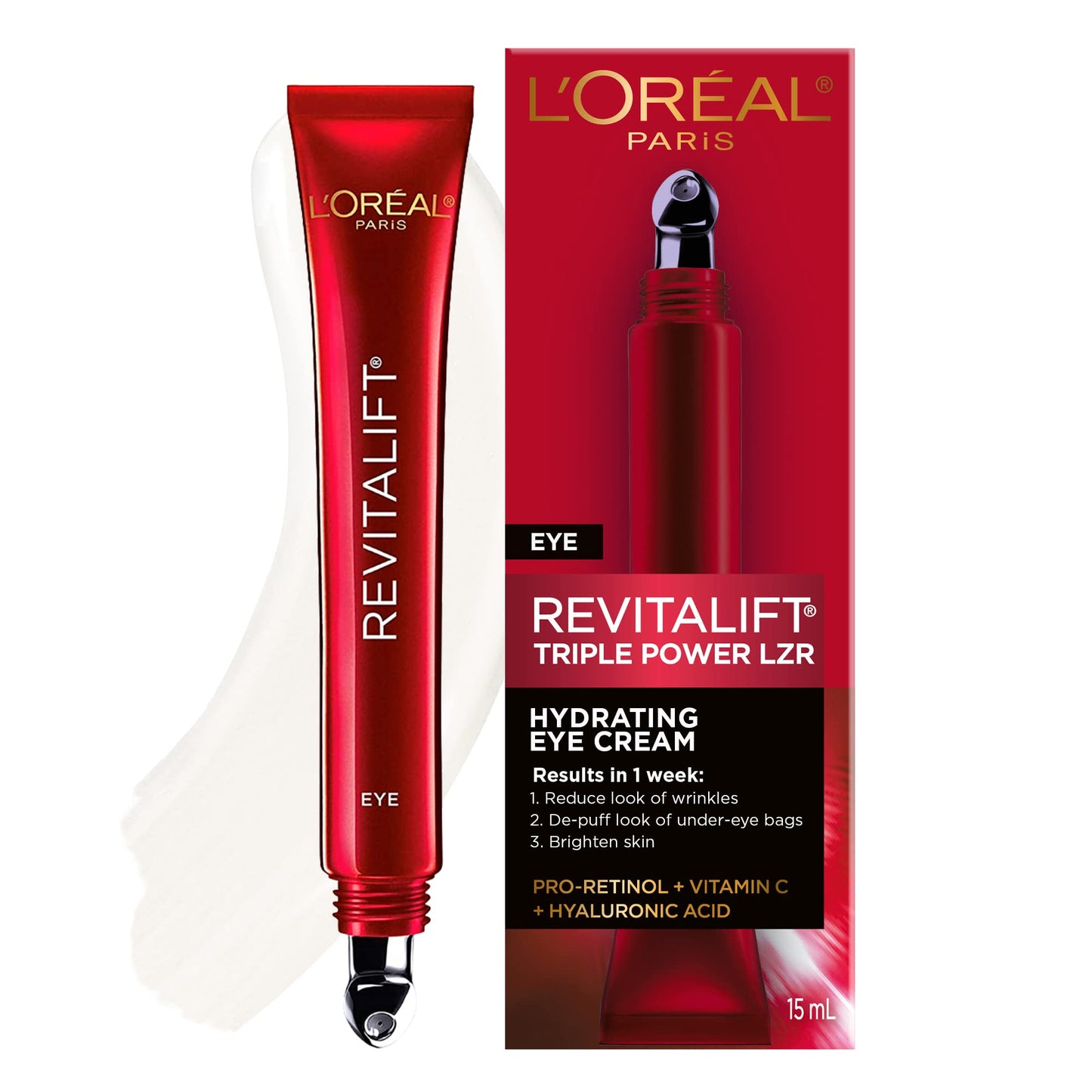 L’Oréal Paris Eye Cream, with Hyaluronic Acid, Vitamin C, Pro Retinol to Reduce Look of Wrinkles and Under-Eye Bags, Revitalift Triple Power LZR, Skincare, 15ml