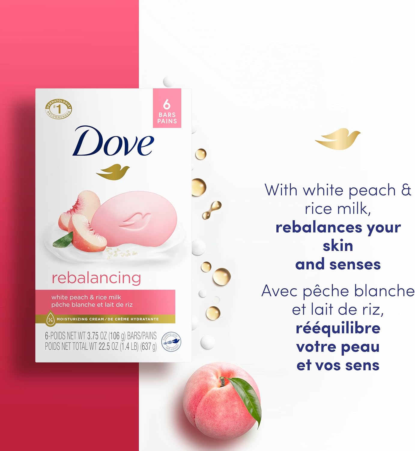 Dove Beauty Bar Gentle Cleanser Moisturizes To Help Rebalance Skin Peach and Rice Milk Gentle Bar Soap Cleanser Made With 1/4 Moisturizing Cream 106 g 6 count