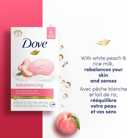 Dove Beauty Bar Gentle Cleanser Moisturizes To Help Rebalance Skin Peach and Rice Milk Gentle Bar Soap Cleanser Made With 1/4 Moisturizing Cream 106 g 6 count