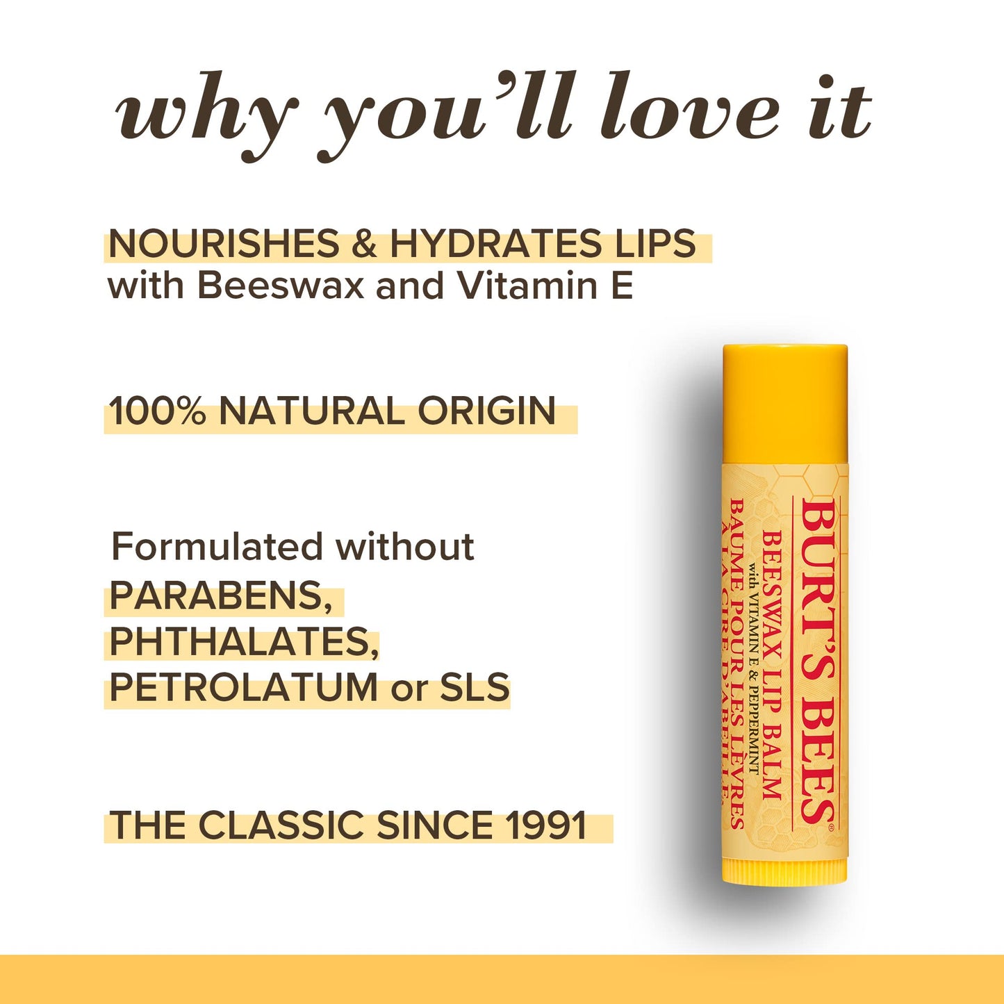 Burt's Bees Moisturizing Lip Balm for Dry Chapped Lips 100% Natural Origin, Original Beeswax with Vitamin E & Peppermint Oil, 3 Tubes, Value Pack