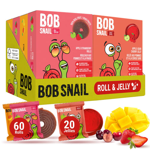 Bob Snail Healthy Snacks Mix Family Pack - Fruit Rolls with Mango & Strawberry, Jelly with Cherry, Candy box Fruit Snacks, All Natural Healthy Snacks for kids, No Added Sugar sour Candy, 80 pcs Pack / 800 gram candy bulk