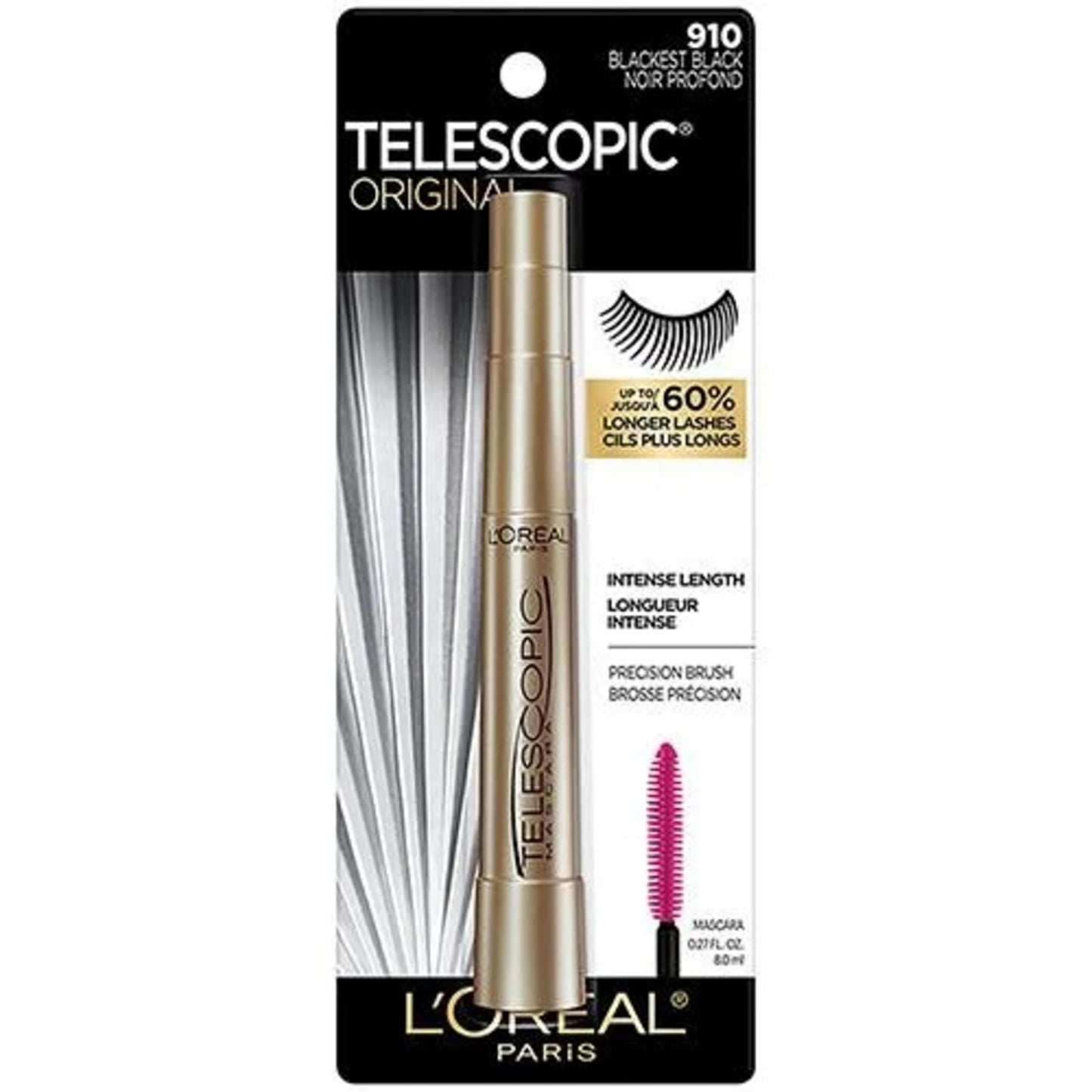 L’Oréal Paris Telescopic Mascara, Eyelash Lengthening Mascara, Unique Non-Clumping Formula, Delivers Intense Length, For Sensitive Eyes, Blackest Black, 8 ml