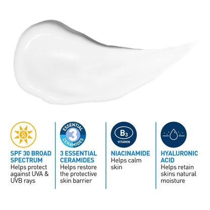 CeraVe Facial Moisturizer with SPF 30. Face Sunscreen Lotion with Hyaluronic Acid, Niacinamide & Ceramides for Women & Men. Oil-free, normal to dry skin. Verified Extended Use Date, Travel Size 89ML