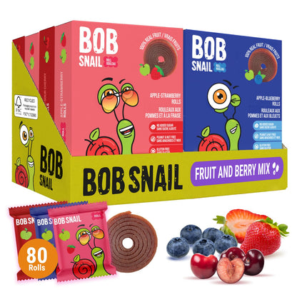 Bob Snail Healthy Snacks Berry Mix Family Pack - Nut free fruit Rolls with Blueberry, Raspberry & Strawberry, Candy box Fruit Snacks, All Natural Healthy Snacks for kids, No Added Sugar sour Candy, 80 pcs Pack / 800 gram candy bulk (Blueberry, Raspberry &