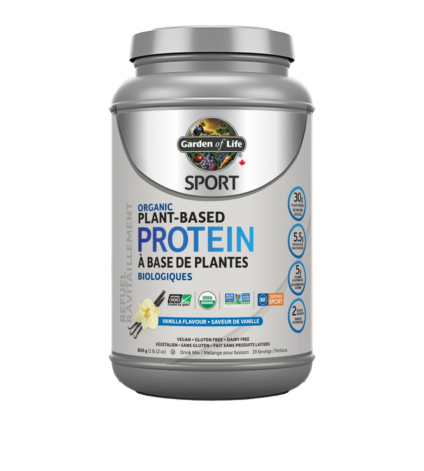 Garden of Life Sport Organic Plant Based Protein, Vanilla, 806g. Formulated with pea protein to help your body recover faster, build and repair muscle and fuel your metabolism along with Truly Clean multi-sourced plant based ingredients. 30g of Complete O