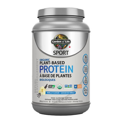 Garden of Life Sport Organic Plant Based Protein, Vanilla, 806g. Formulated with pea protein to help your body recover faster, build and repair muscle and fuel your metabolism along with Truly Clean multi-sourced plant based ingredients. 30g of Complete O