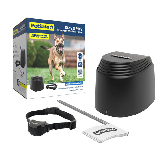 PetSafe Stay & Play Compact Wireless Fence, LCD Screen to Adjust The Circular Boundary, Secure up to a 3,000 Square Metre Area, Use for All Your Pets, Portable System
