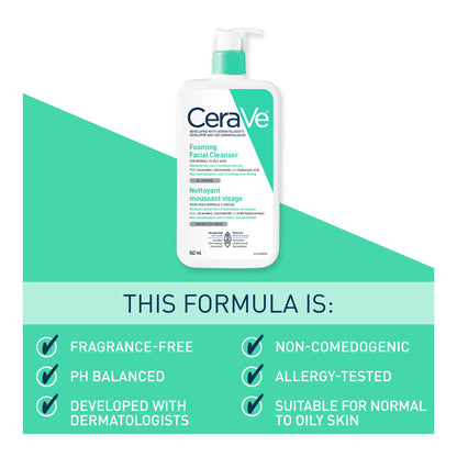 CeraVe FOAMING Face Cleanser, Gentle Face Wash with Hyaluronic Acid, Niacinamide, Ceramides. Makeup Remover for oily skin, won’t clog pores. Oil & sebum control. Non-Comedogenic, Sensitive Skin, Men & Women, 562ML