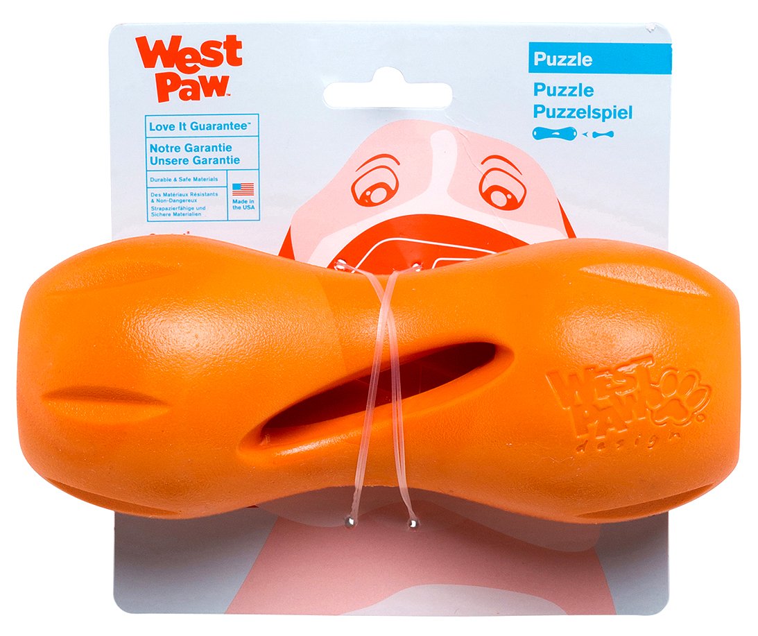 West Paw Zogoflex Qwizl Dog Puzzle Treat Toy Interactive Chew Toy for Dogs Dispenses Pet Treats Brightly-Colored Dog Puzzles for Aggressive Chewers, Fetch, Catch, Non-Toxic Small 5.5 inch , Tangerine