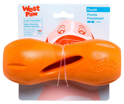 West Paw Zogoflex Qwizl Dog Puzzle Treat Toy Interactive Chew Toy for Dogs Dispenses Pet Treats Brightly-Colored Dog Puzzles for Aggressive Chewers, Fetch, Catch, Non-Toxic Small 5.5 inch , Tangerine