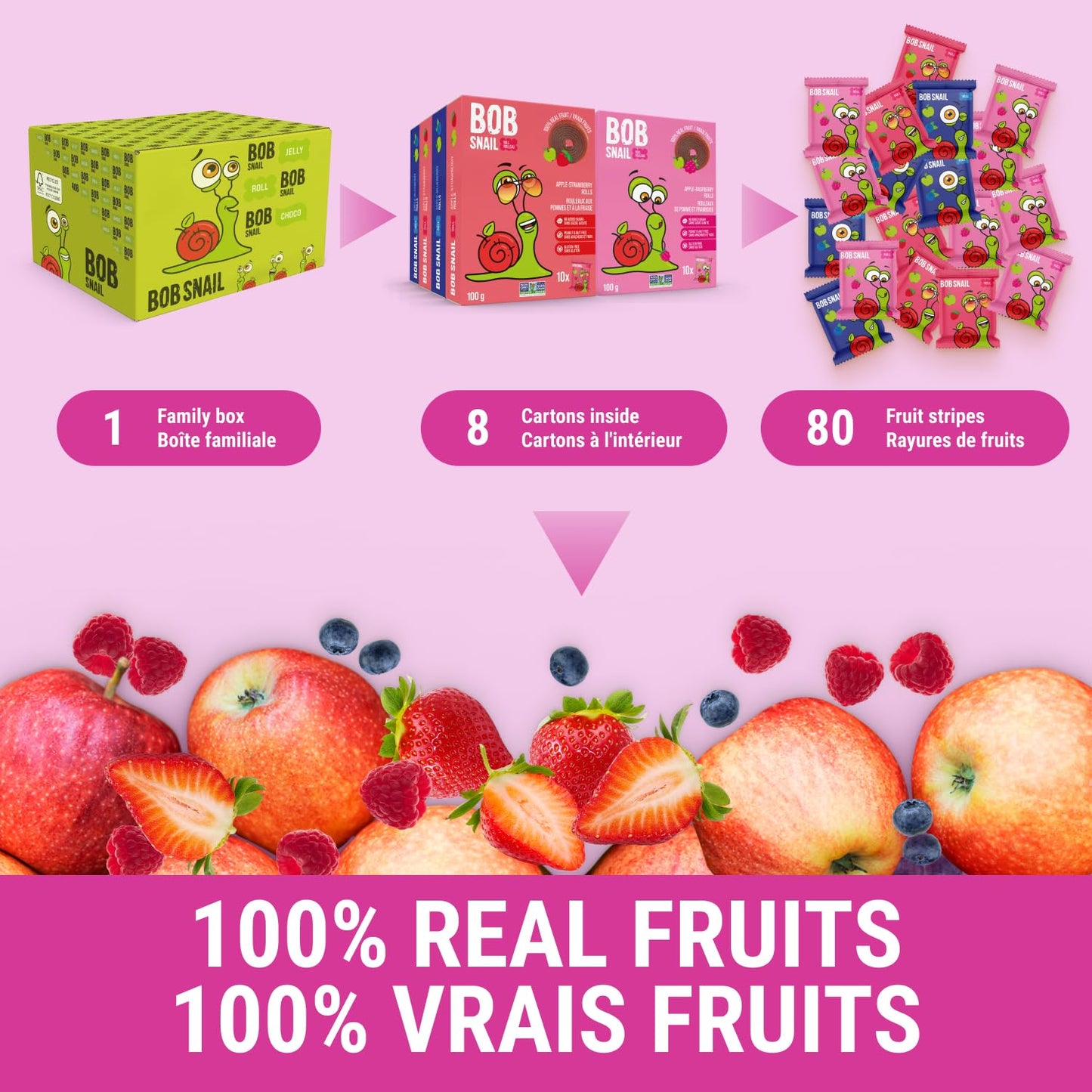 Bob Snail Healthy Snacks Berry Mix Family Pack - Nut free fruit Rolls with Blueberry, Raspberry & Strawberry, Candy box Fruit Snacks, All Natural Healthy Snacks for kids, No Added Sugar sour Candy, 80 pcs Pack / 800 gram candy bulk (Blueberry, Raspberry &
