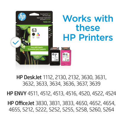 Original HP 63 Black/Tri-color Ink (2-pack) | Works with HP DeskJet 1112, 2130, 3630 Series; HP ENVY 4510, 4520 Series; HP OfficeJet 3830, 4650, 5200 Series | Eligible for Instant Ink | L0R46AN