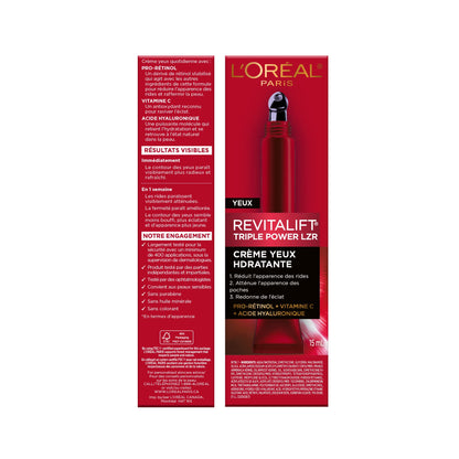 L’Oréal Paris Eye Cream, with Hyaluronic Acid, Vitamin C, Pro Retinol to Reduce Look of Wrinkles and Under-Eye Bags, Revitalift Triple Power LZR, Skincare, 15ml