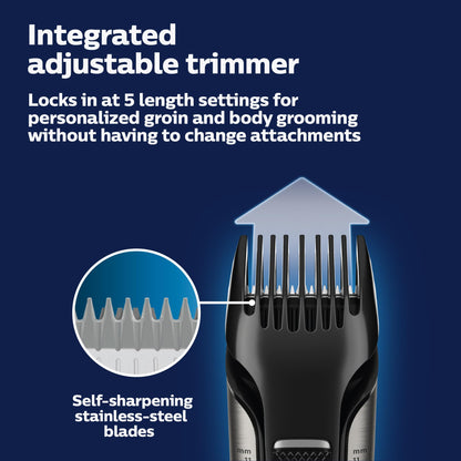 Philips Bodygroom Body & Intimate area Trimmer, Ultimate manscaping tool, removes short, long & thick hair in a single stroke with its 4 directional pivoting head. Skin protect technology, BG7025/15