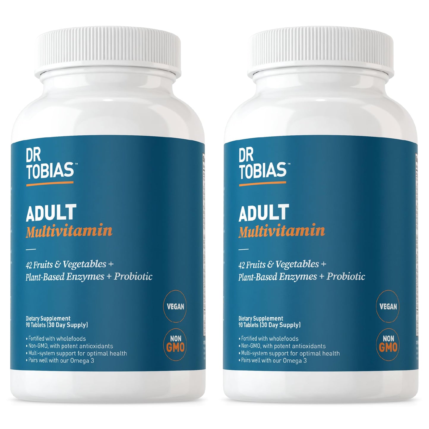 Dr. Tobias Adult Multivitamin for Women & Men, Energy & Immune Support from 42 Fruits & Vegetables Plus Probiotics, Comprehensive Daily Multivitamins for Men & Women, Non-GMO, 90 Tablets, 30 Servings