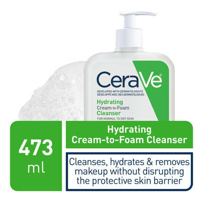 CeraVe Hydrating Cream-to-Foam Face Cleanser, One-Step Face Wash With Hyaluronic Acid & Amino Acid Complex, Gently Cleanses Skin, Non-Comedogenic, Fragrance-Free, Normal to dry skin, 562mL