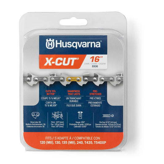 Husqvarna X-Cut S93G 16 Inch Chainsaw Chain, 3/8" Mini Pitch, .050" Gauge, 56 Drive Link Chainsaw Blade Replacement, Pre-Stretched and Low Kickback, Gray