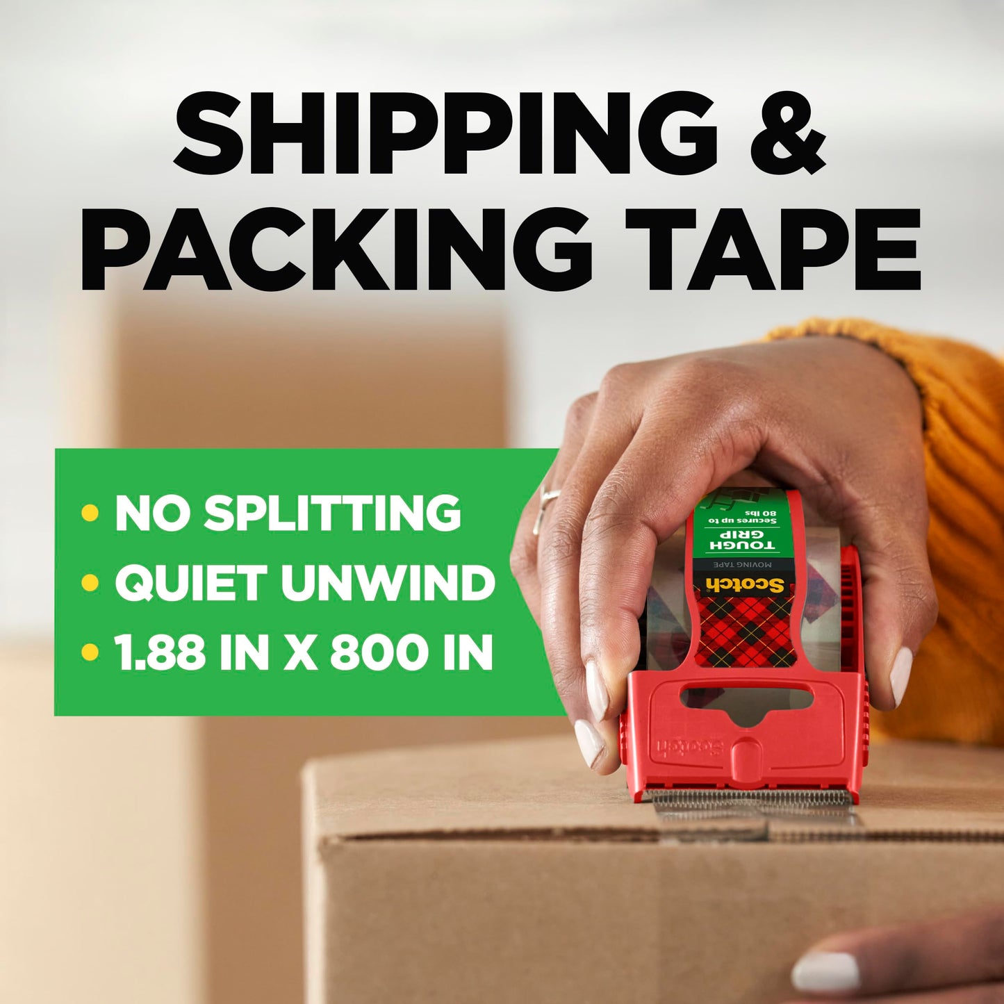 Scotch Packing Tape Tough Grip Moving Tape, 1.88" x 20m, 1 Roll w/ Handheld Dispenser