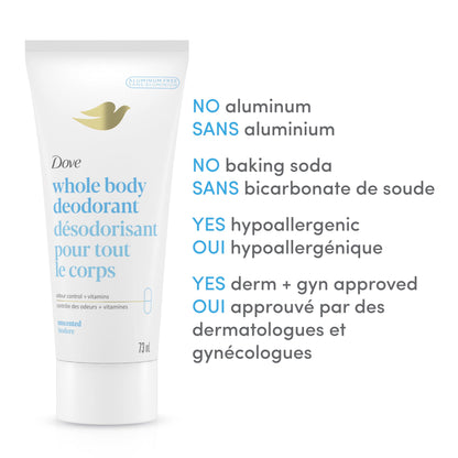 Dove Whole Body Deodorant Cream Aluminum Free Deodorant for Women Coconut & Vanilla Scent for Pits, Privates, & Thighs to Toes 73 ml