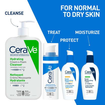 CeraVe Hydrating Cream-to-Foam Face Cleanser, One-Step Face Wash With Hyaluronic Acid & Amino Acid Complex, Gently Cleanses Skin, Non-Comedogenic, Fragrance-Free, Normal to dry skin, 562mL