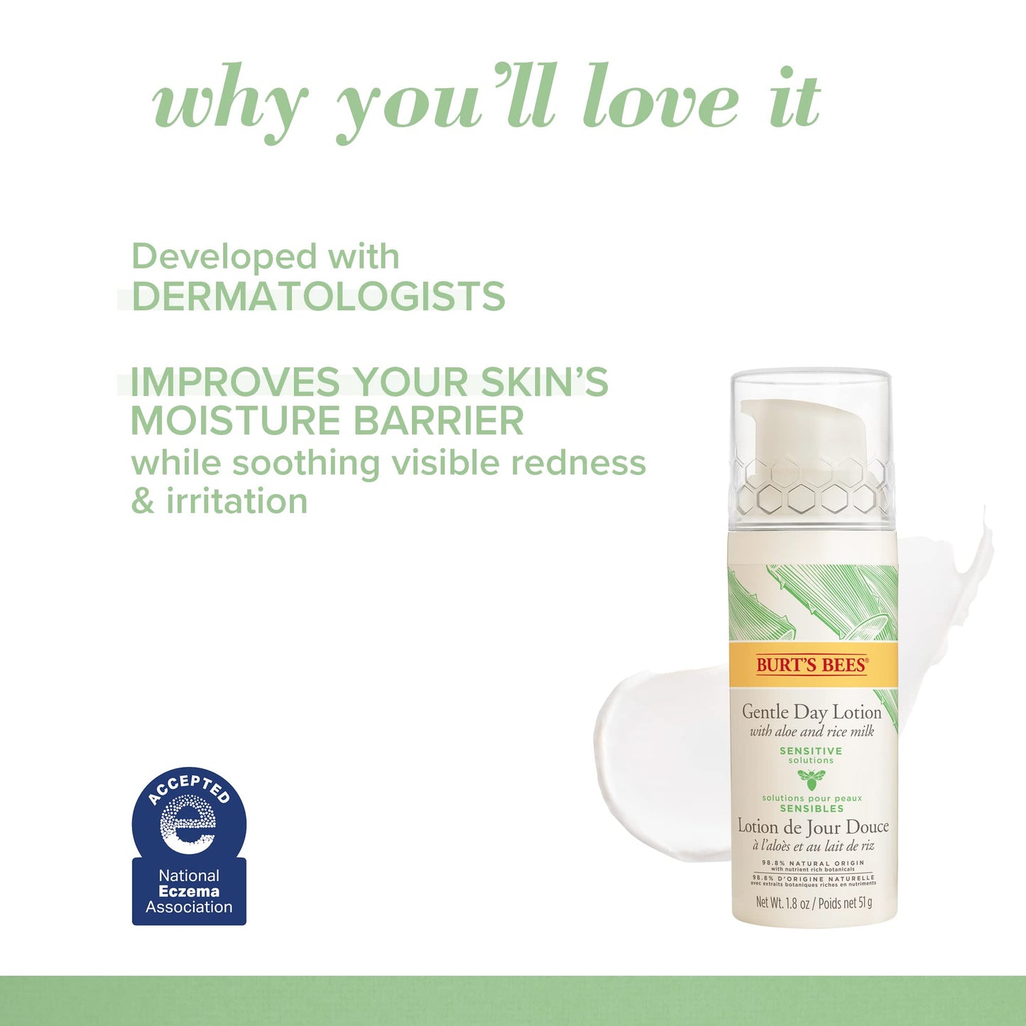 Burt's Bees Sensitive Hydrating Gentle Daily Face Cream Moisturizer Face Lotion for Sensitive Skin with Aloe and Rice Milk, 98.9% Natural Origin, Developed with Dermatologists, 51g