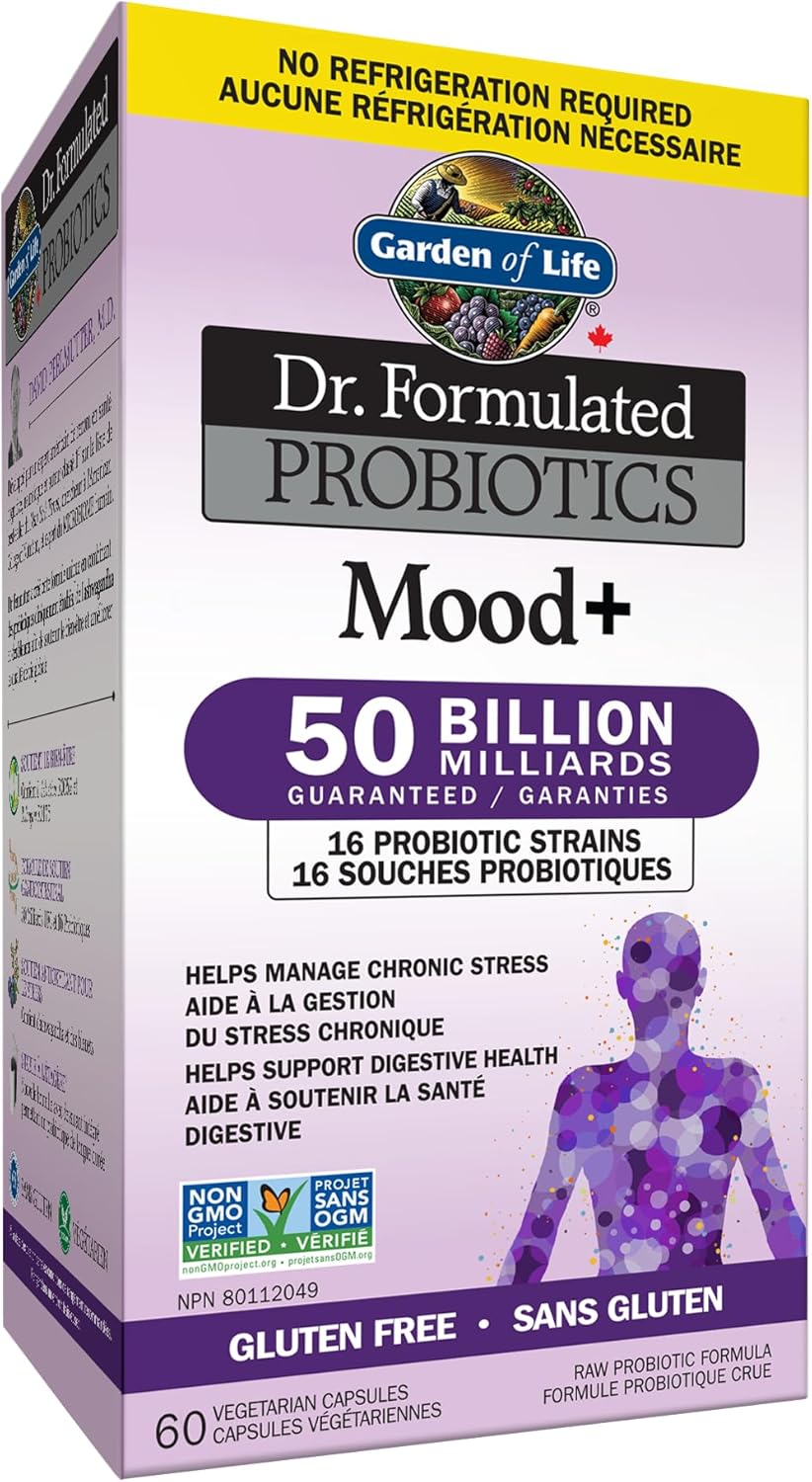 Garden of Life – Dr. Formulated Probiotics Mood+ | Manages Digestive Health & Symptoms of Chronic Stress | 50 Billion CFU + 16 Probiotic Strains | Includes Organic Ashwagandha and Blueberries