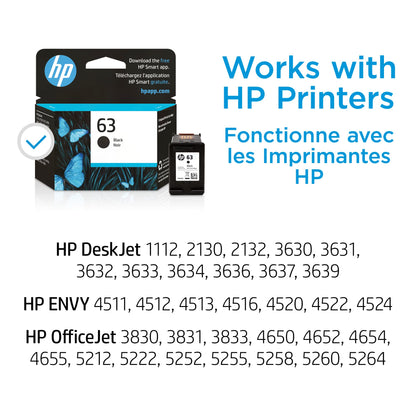 HP 63XL Black High-yield Ink Cartridge | Works with HP DeskJet 1112, 2130, 3630 Series; HP ENVY 4510, 4520 Series; HP OfficeJet 3830, 4650, 5200 Series | Eligible for Instant Ink | F6U64AN