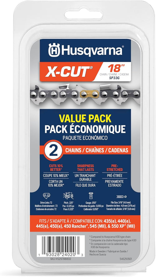 Husqvarna X-Cut SP33G 18 Inch Chainsaw Chain, 2 Pack, 325" Pitch, 050" Gauge, 72 Drive Link Chainsaw Blade Replacement, Pre-Stretched and Low Kickback, Gray